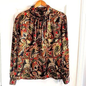 Vintage Marlis Multicolor Satin Cowl Neck Long Sleeve Blouse